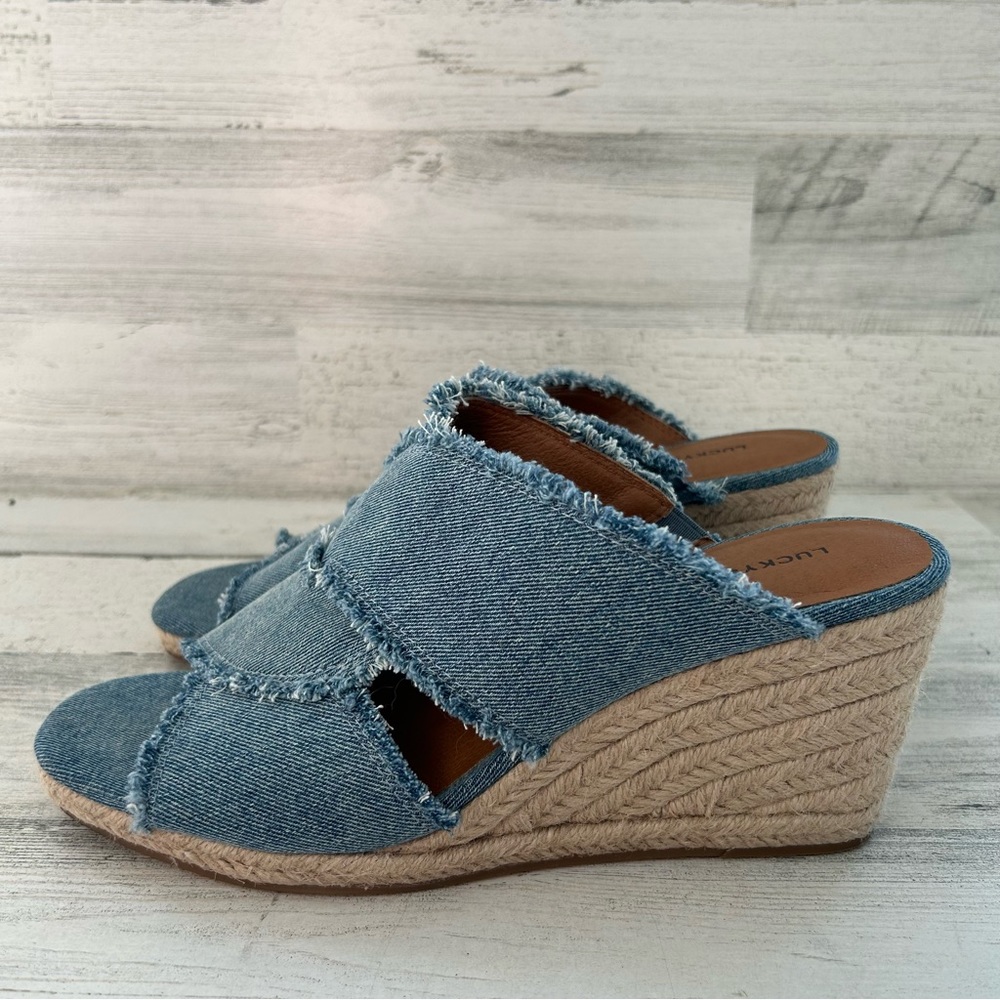 LUCKY BRAND Madgie Blue Denim Espadrille Wedge Slide Sandals 10